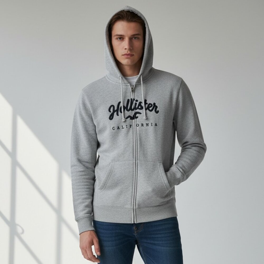 Hollister Men’s Gray Spell-Out‎ Hoodie Sz L Classic Casual Y2K Lounge Normcore